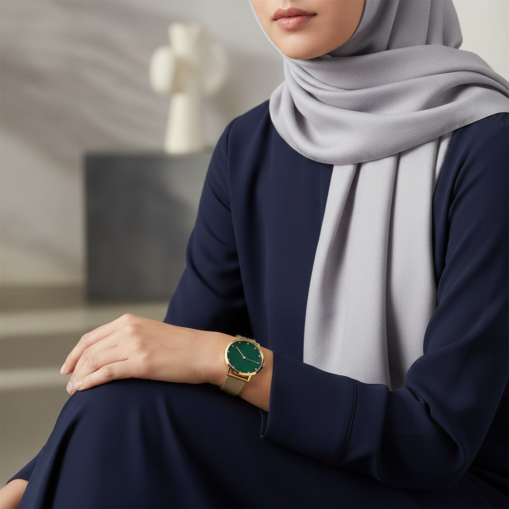 Female model wearing Tommy Hilfiger 1782668 gold green watch with a sophisticated modern outfit