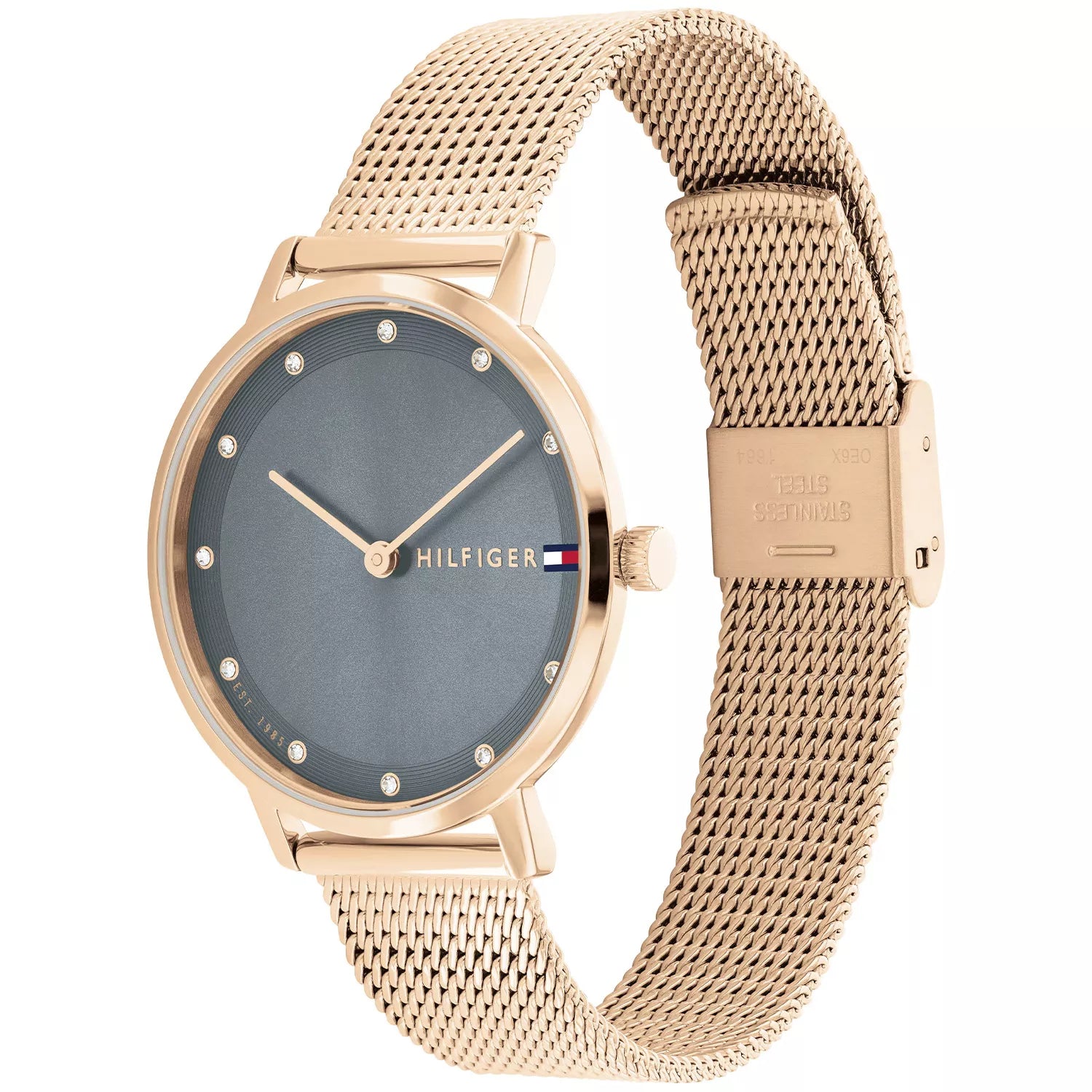 Left side perspective of the Tommy Hilfiger 1782669 grey dial and mesh strap