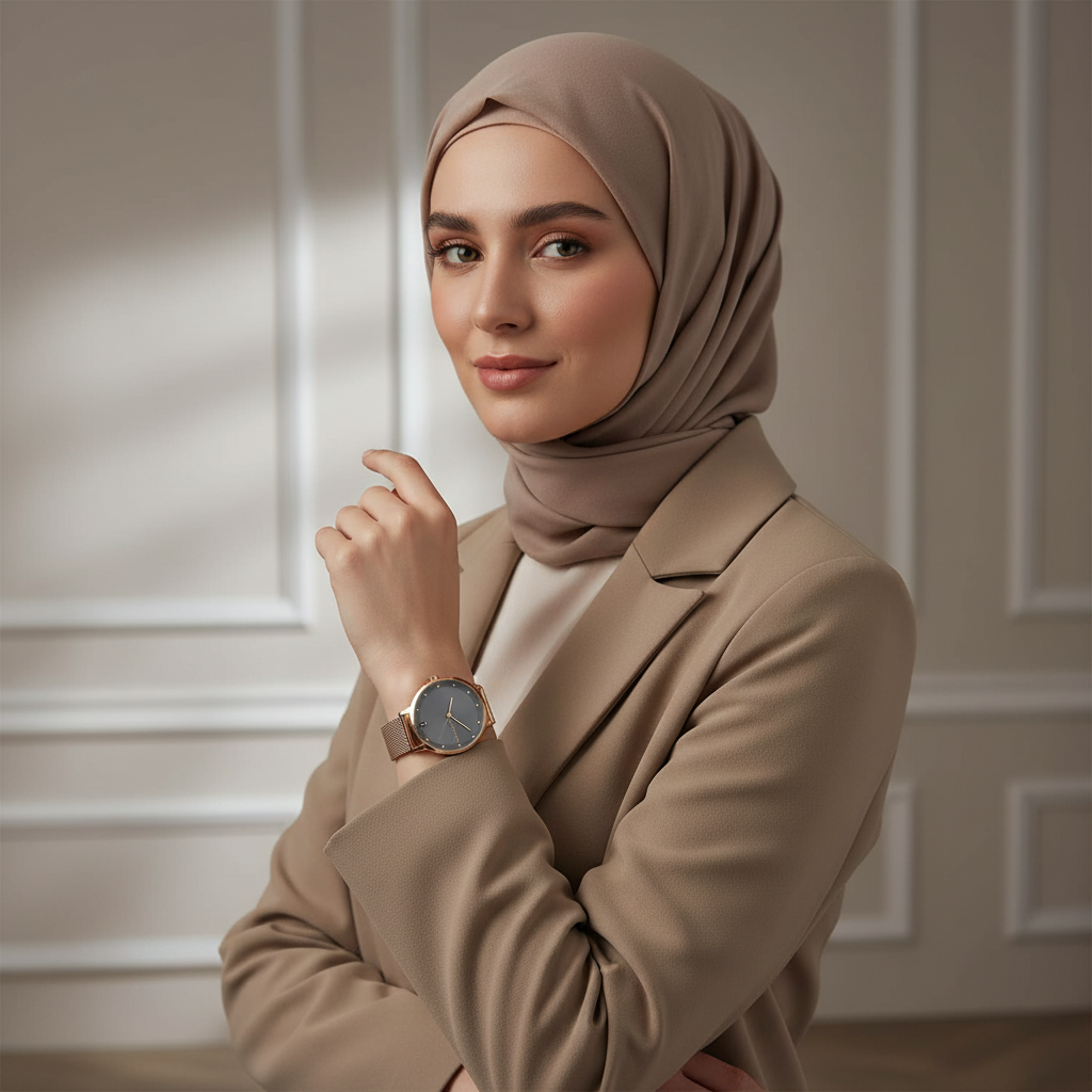 Female model wearing Tommy Hilfiger 1782669 rose gold grey watch with an elegant modern outfit