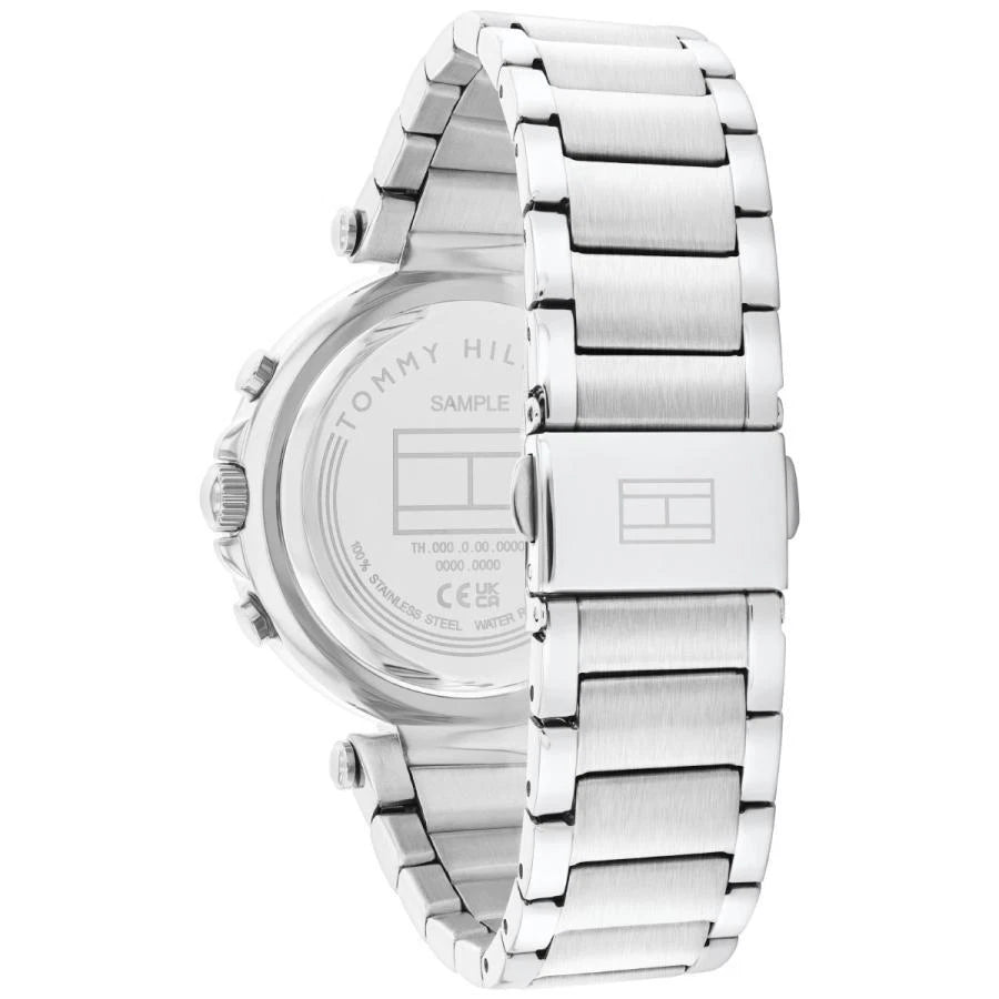 Angled view of the Tommy Hilfiger 1782701 highlighting the polished silver stainless steel case
