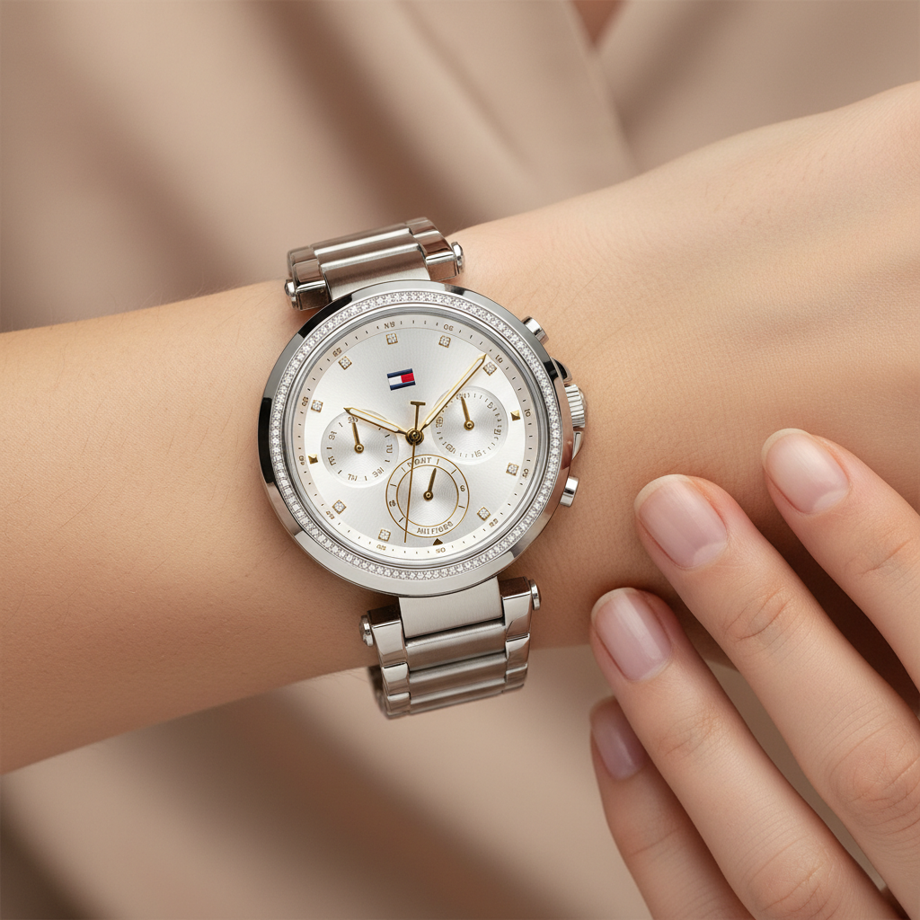 Close up shot of Tommy Hilfiger 1782701 watch on wrist showing the sparkling crystals and silver dial