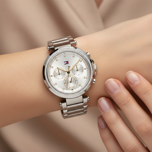 Close up shot of Tommy Hilfiger 1782701 watch on wrist showing the sparkling crystals and silver dial