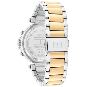 Left side perspective of the Tommy Hilfiger 1782702 black dial and silver/gold bracelet