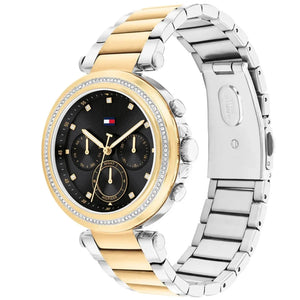 Angled view of the Tommy Hilfiger 1782702 highlighting the polished two-tone links and gold bezel