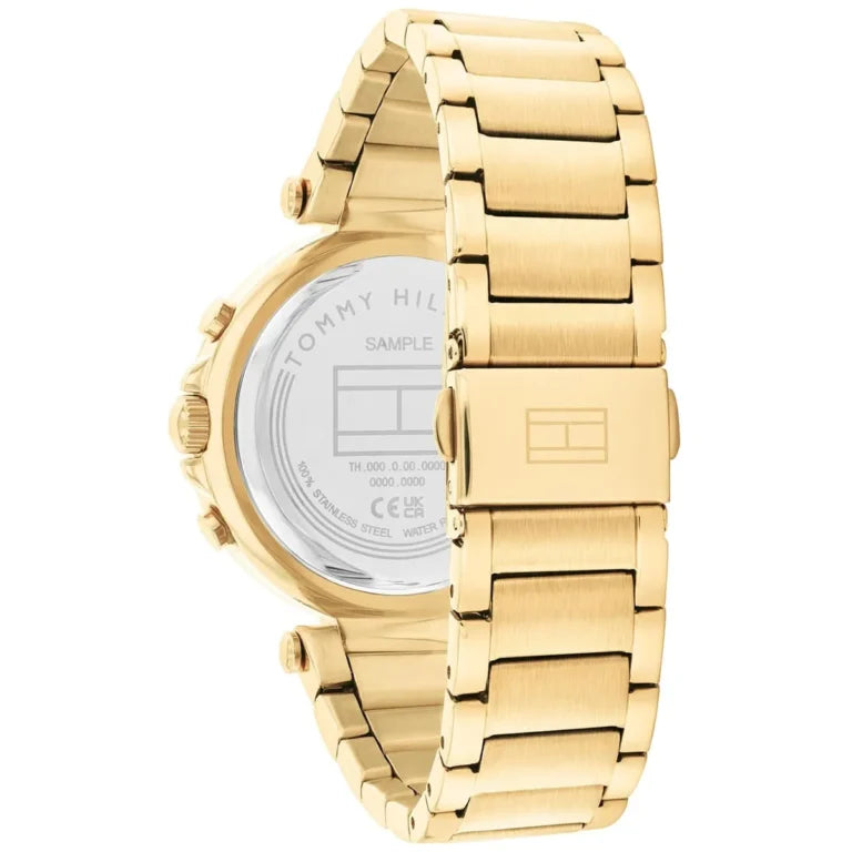 Left side perspective of the Tommy Hilfiger 1782703 silver dial and gold bracelet