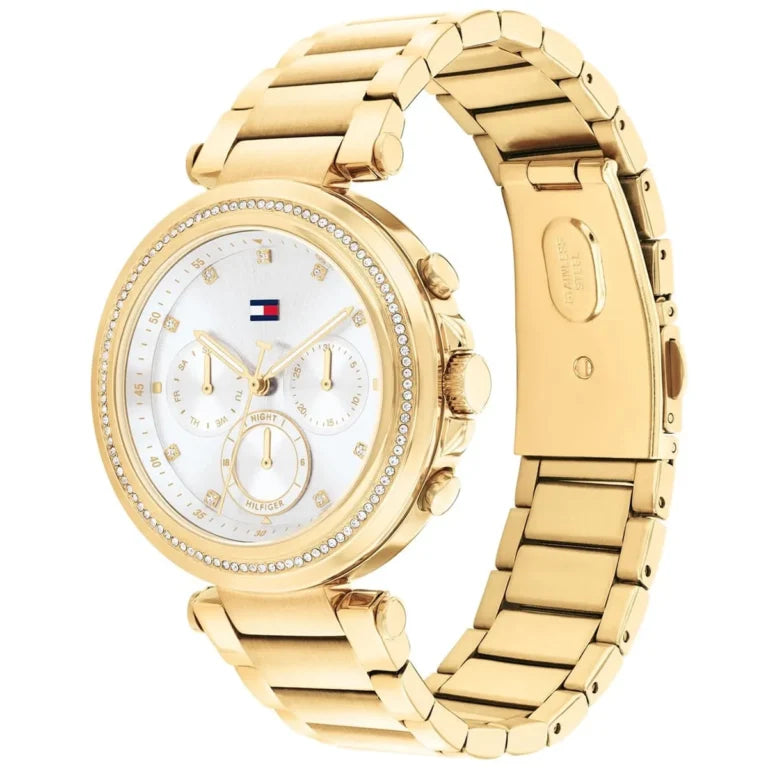 Angled view of the Tommy Hilfiger 1782703 highlighting the polished gold stainless steel case