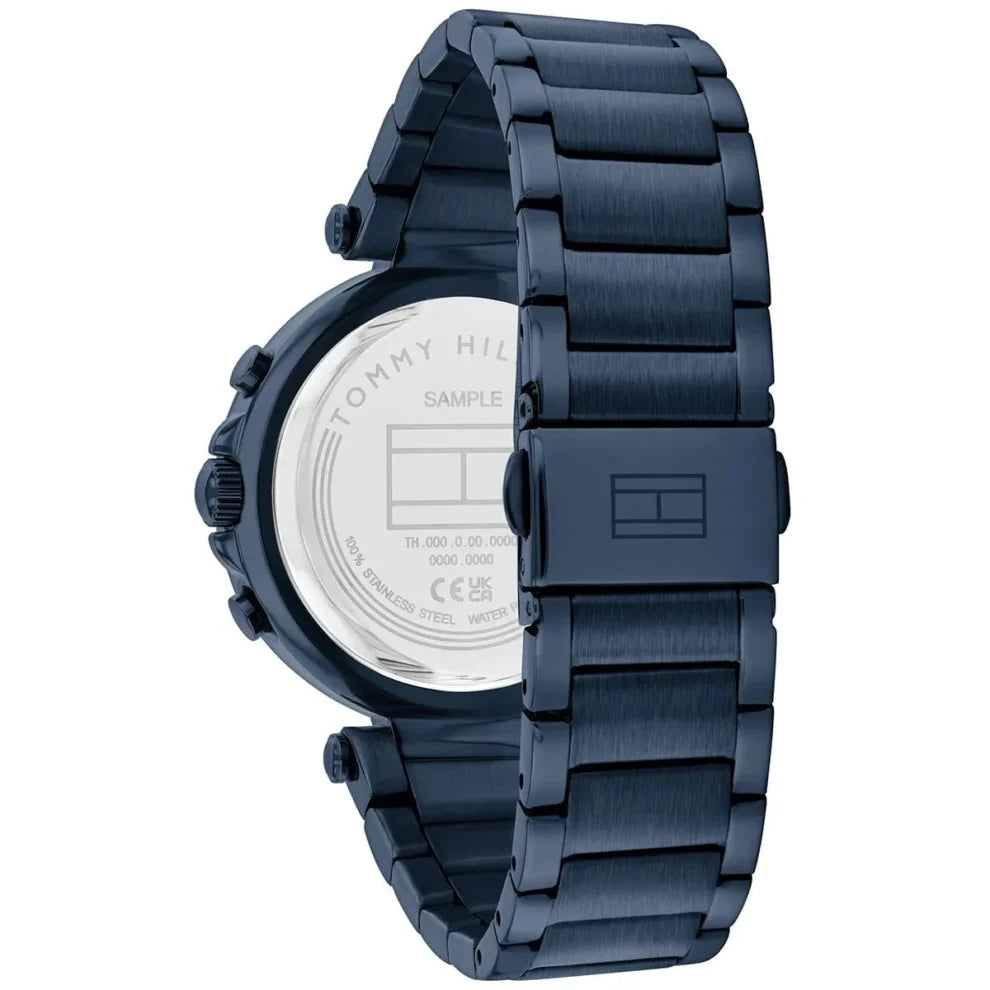 Left side perspective of the Tommy Hilfiger 1782704 navy blue dial and link bracelet