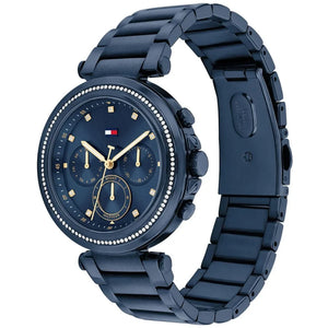 Angled view of the Tommy Hilfiger 1782704 highlighting the full navy blue ion-plated finish