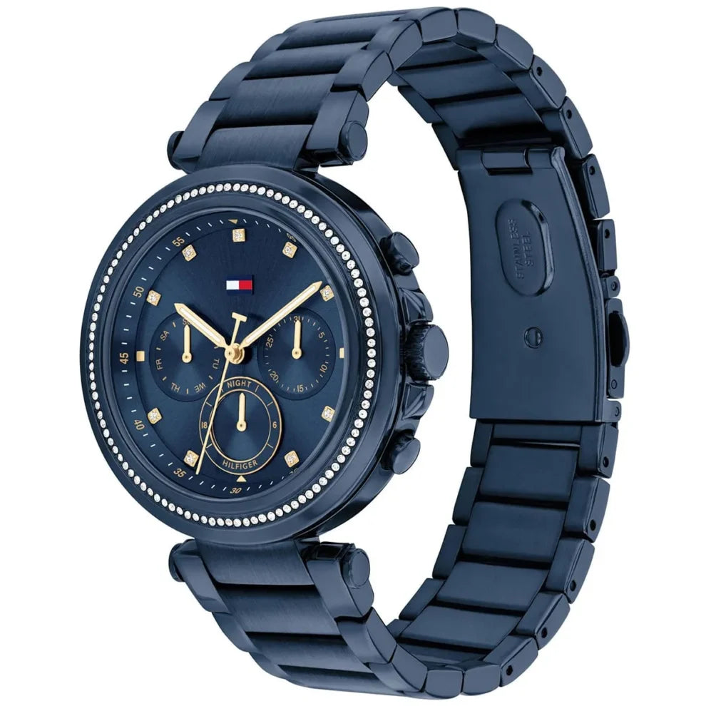 Angled view of the Tommy Hilfiger 1782704 highlighting the full navy blue ion-plated finish