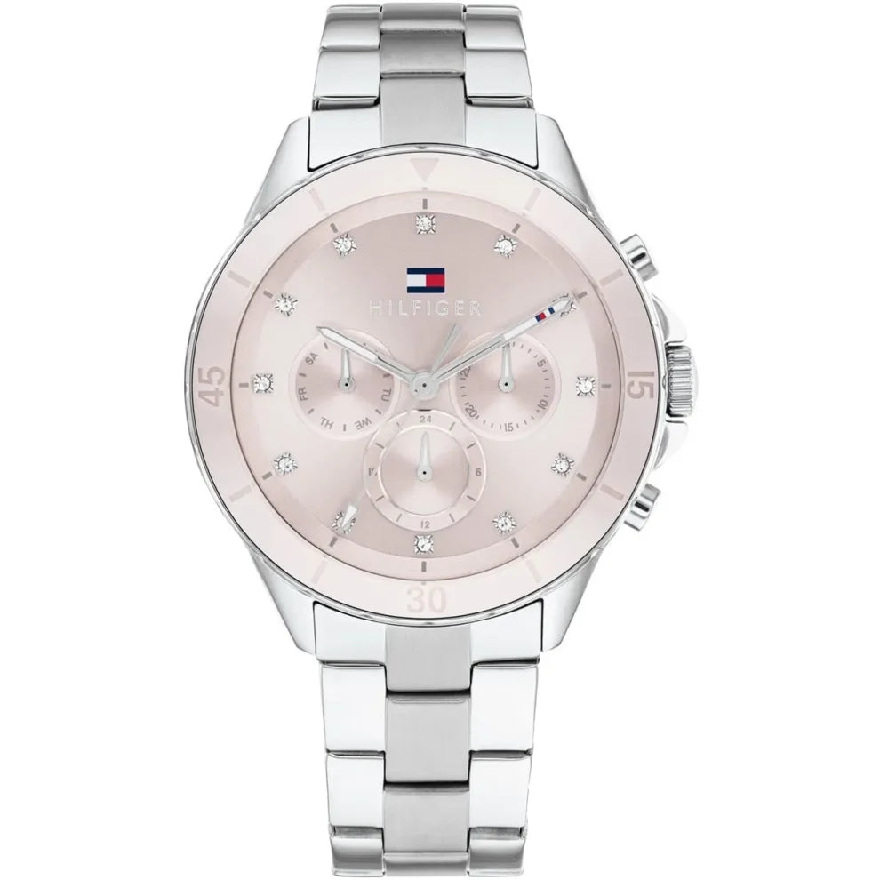 Tommy Hilfiger Mellie 1782706 women's watch with silver case and white ceramic bezel with pink dial