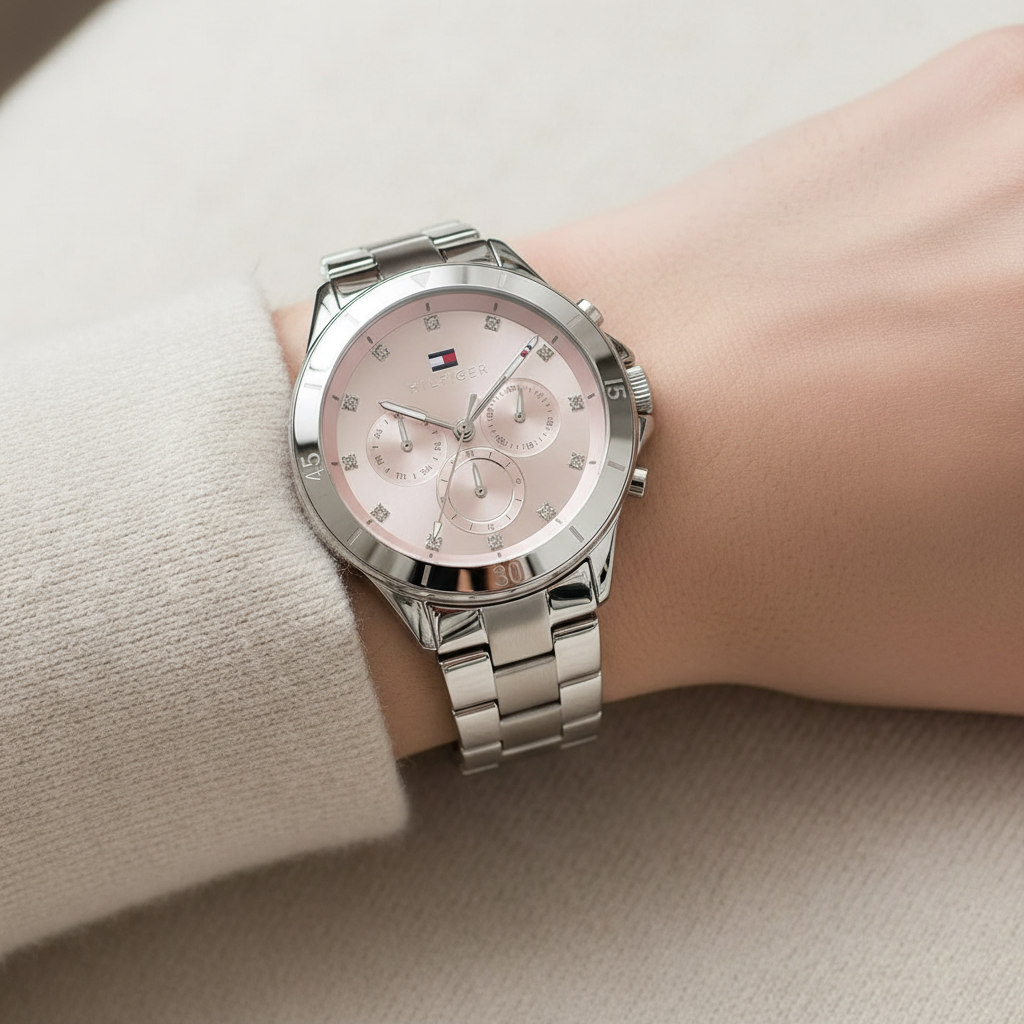 Detailed macro view of the pink sunray dial with crystal markers of Tommy Hilfiger 1782706