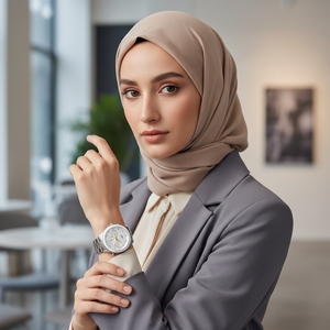 Female model wearing Tommy Hilfiger Mellie 1782707 silver and white watch with a stylish outfit