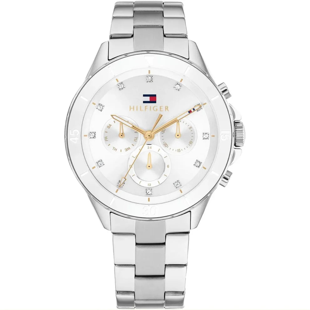 Tommy Hilfiger Mellie 1782707 women's watch with silver case and white ceramic bezel