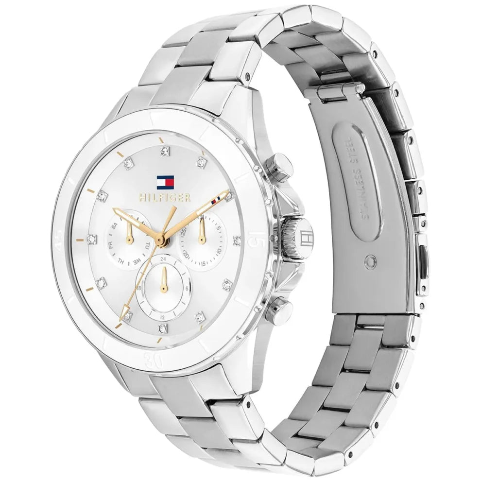 Side view of Tommy Hilfiger 1782707 showing the silver crown and 10.7mm case thickness