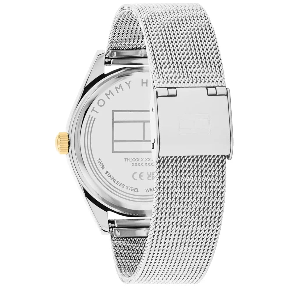 Left side perspective of the Tommy Hilfiger 1782713 white skeleton dial and mesh strap
