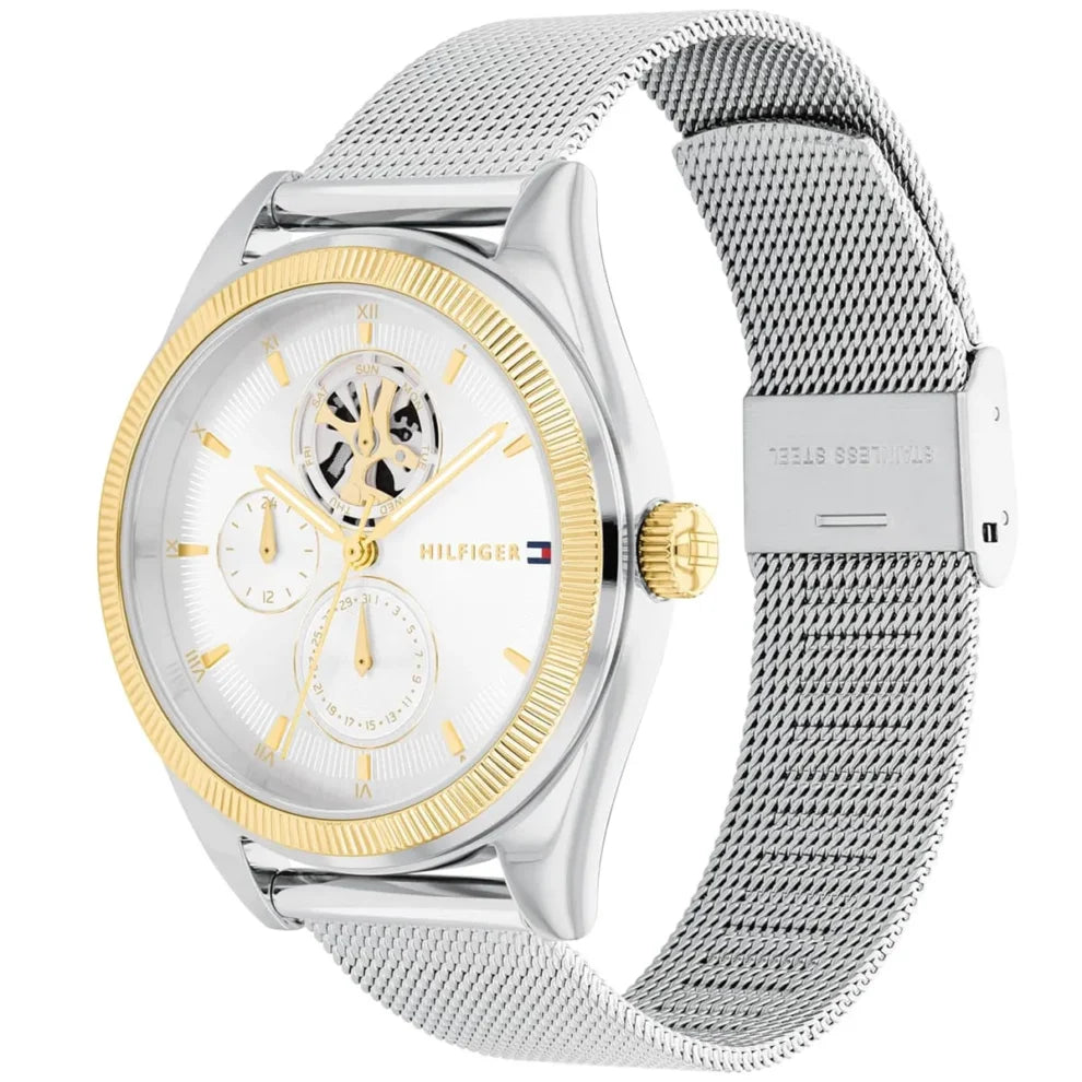 Angled view of the Tommy Hilfiger 1782713 highlighting the rose gold fluted bezel detail