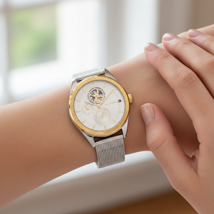 Close up shot of Tommy Hilfiger 1782713 watch on wrist showing the skeleton window and rose gold bezel