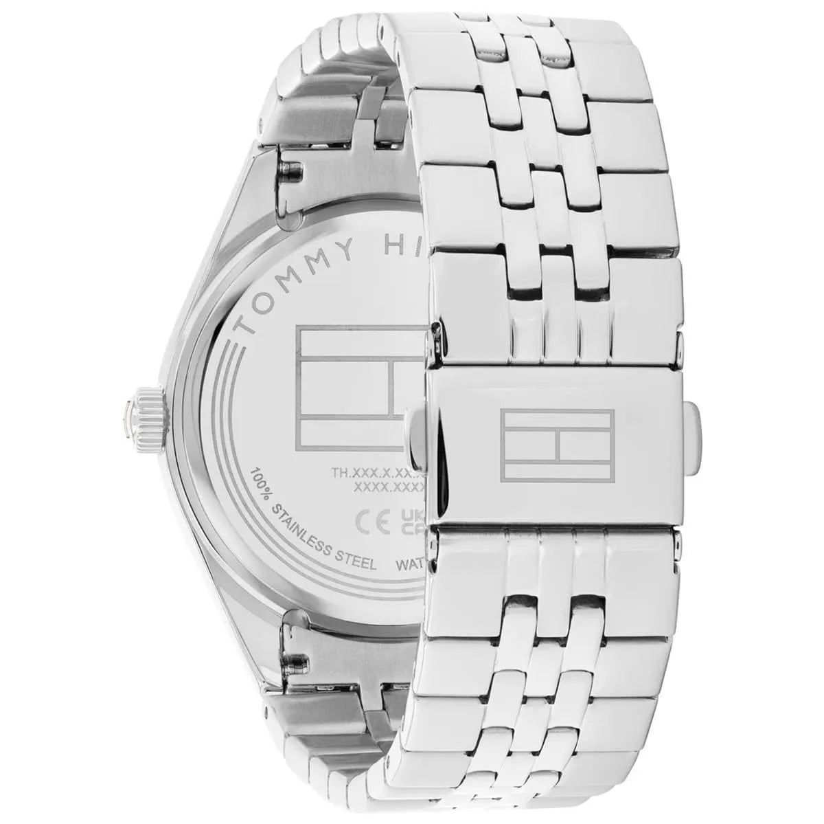 Left side perspective of the Tommy Hilfiger 1782714 light blue dial and link bracelet