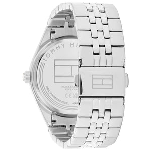 Left side perspective of the Tommy Hilfiger 1782714 light blue dial and link bracelet