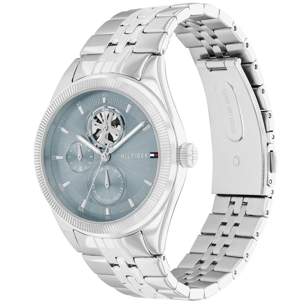 Angled view of the Tommy Hilfiger 1782714 highlighting the silver fluted bezel and crown