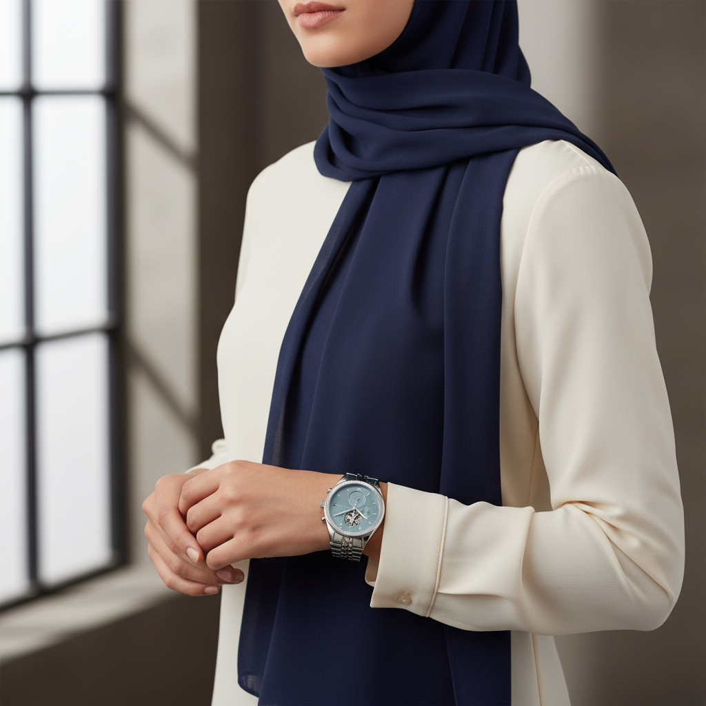 Female model wearing Tommy Hilfiger 1782714 silver skeleton watch with a sophisticated daily outfit