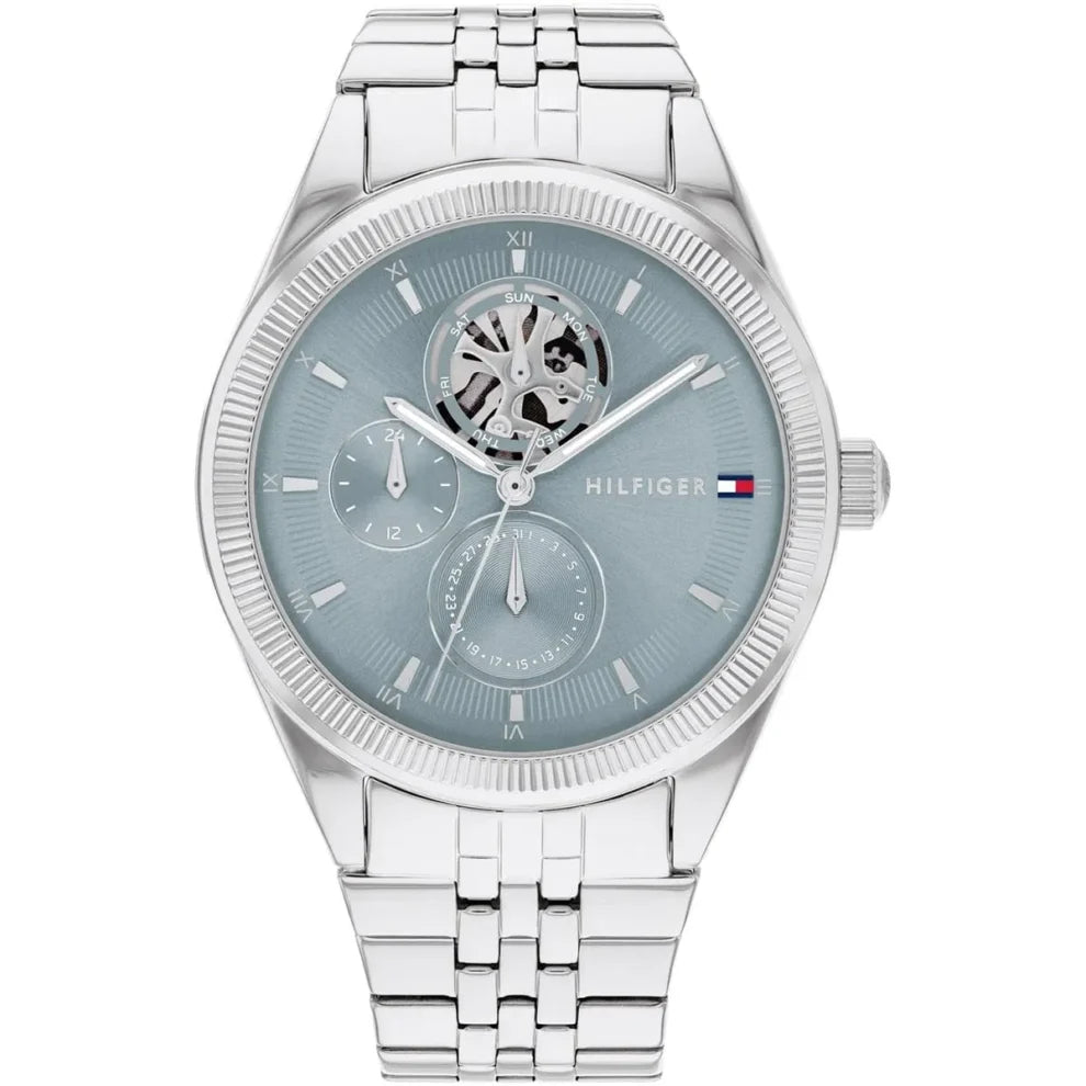 Tommy Hilfiger Monica 1782714 women's watch with light blue semi-skeleton dial and silver bracelet
