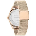 Left side perspective of the Tommy Hilfiger 1782715 rose gold dial and rubber strap