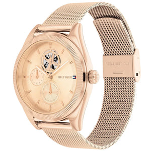 Angled view of the Tommy Hilfiger 1782715 highlighting the rose gold fluted bezel and crown