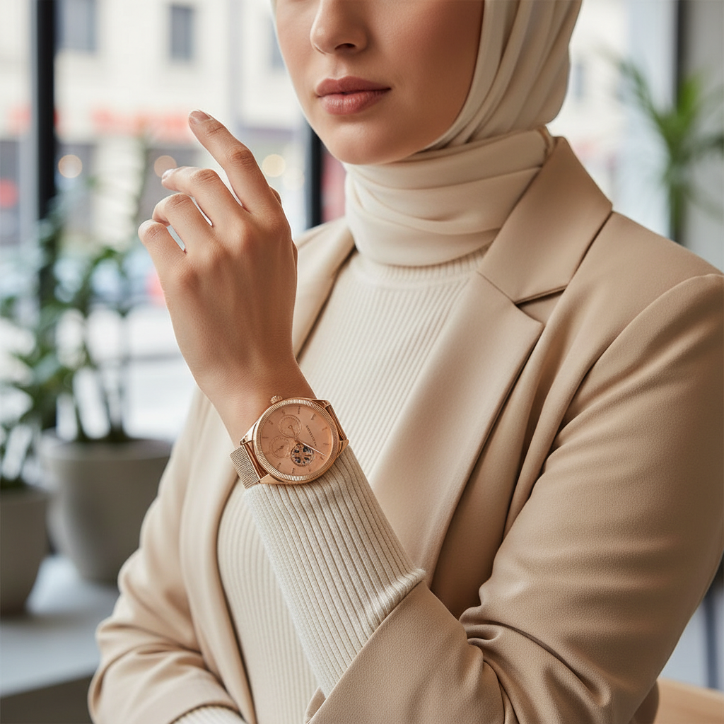 Female model wearing Tommy Hilfiger 1782715 rose gold skeleton watch with a sophisticated elegant outfit