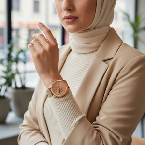 Female model wearing Tommy Hilfiger 1782715 rose gold skeleton watch with a sophisticated elegant outfit