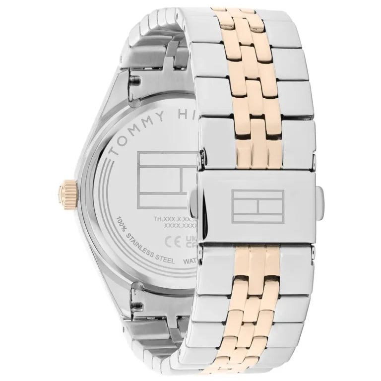 Left side perspective of the Tommy Hilfiger 1782716 gray dial and two-tone bracelet