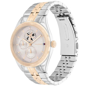 Angled view of the Tommy Hilfiger 1782716 highlighting the polished rose gold fluted bezel
