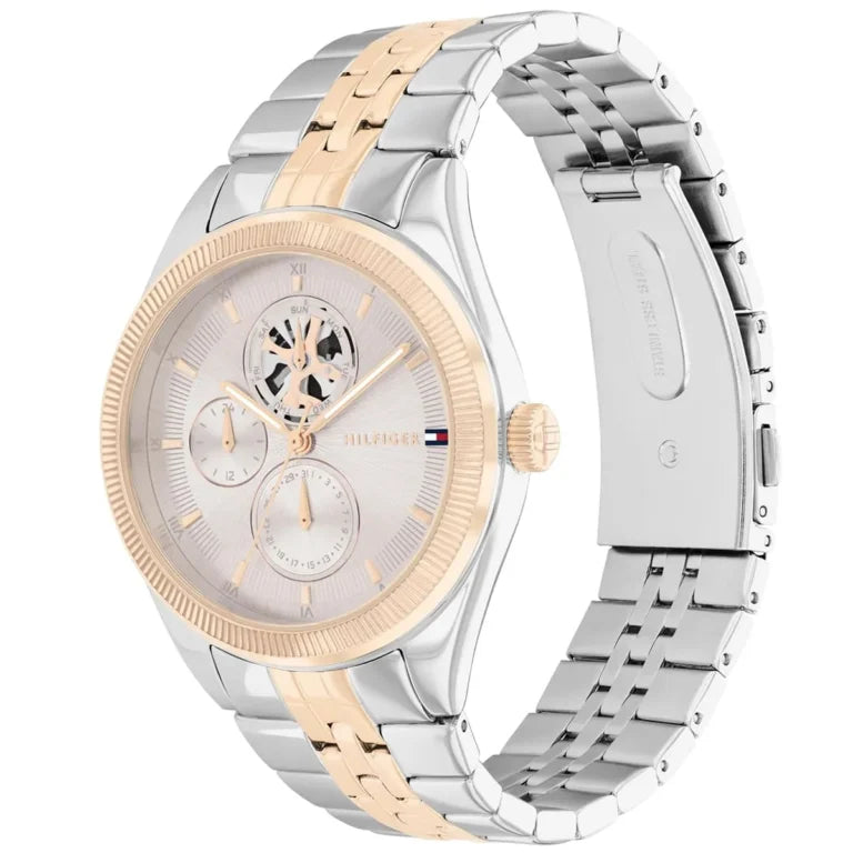 Angled view of the Tommy Hilfiger 1782716 highlighting the polished rose gold fluted bezel