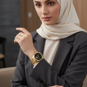 Female model wearing Tommy Hilfiger 1782717 gold skeleton watch with a glamorous evening outfit