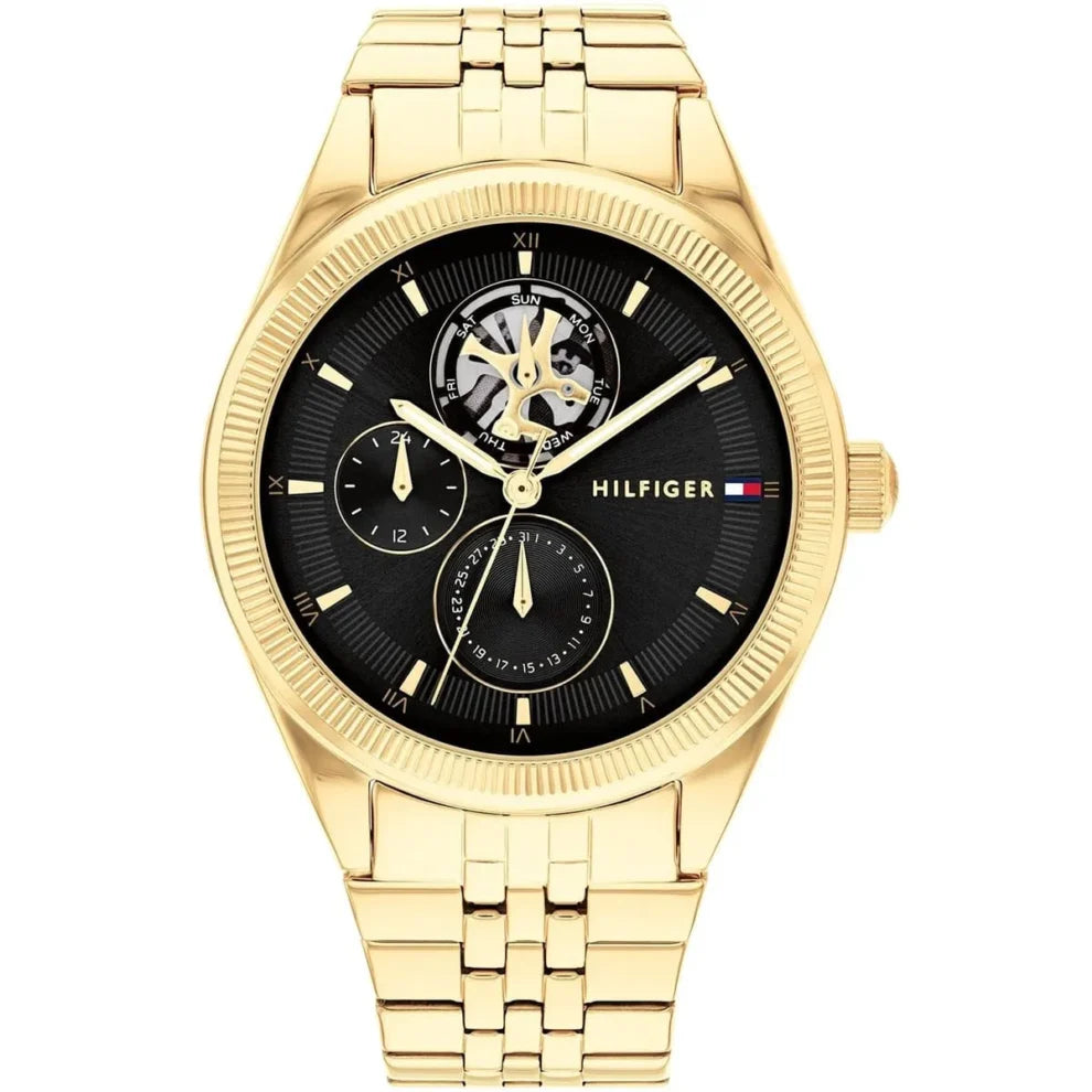 Tommy Hilfiger Monica 1782717 women's watch with gold case and black semi-skeleton dial