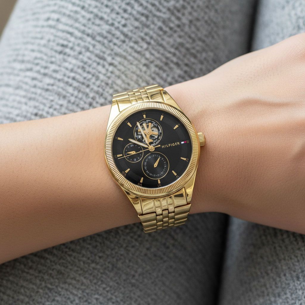 Close up shot of Tommy Hilfiger 1782717 watch on wrist showing the skeleton gears and black dial