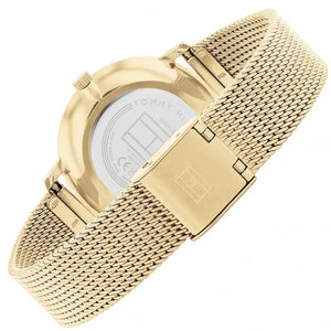 Left side perspective of the Tommy Hilfiger 1782728 gold dial and mesh strap