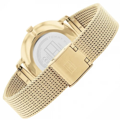 Left side perspective of the Tommy Hilfiger 1782728 gold dial and mesh strap