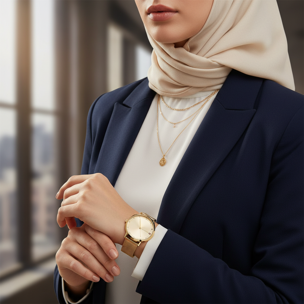 Female model wearing Tommy Hilfiger 1782728 gold mesh watch with a delicate elegant outfit