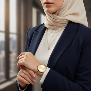 Female model wearing Tommy Hilfiger 1782728 gold mesh watch with a delicate elegant outfit