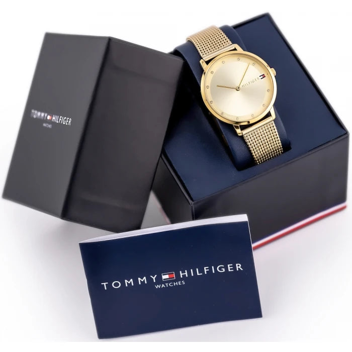 Side profile view of the ultra-slim 6.2mm gold case of the Tommy Hilfiger 1782728