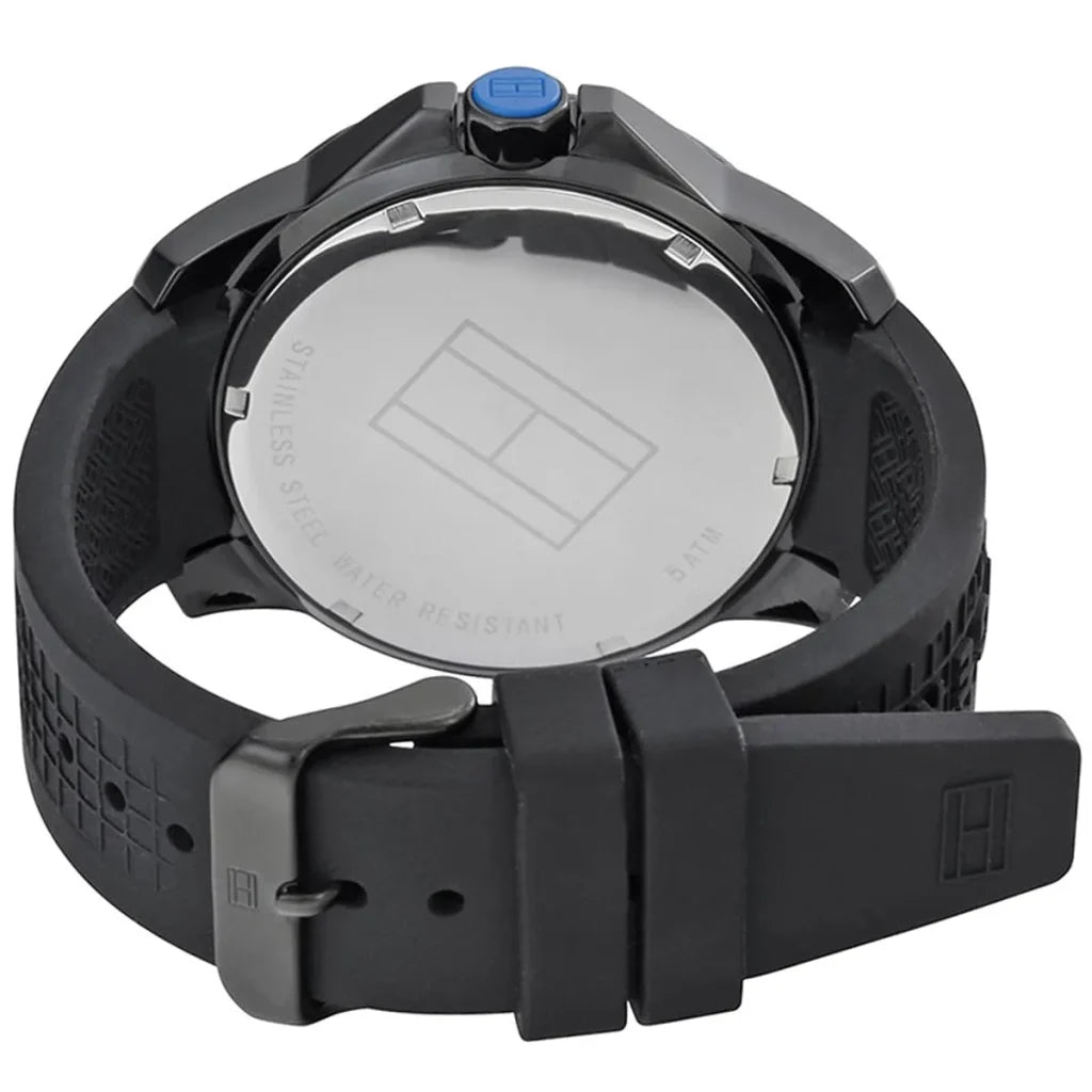 Left side perspective of the Tommy Hilfiger 1790983 black textured dial and silicone strap