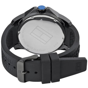 Left side perspective of the Tommy Hilfiger 1790983 black textured dial and silicone strap