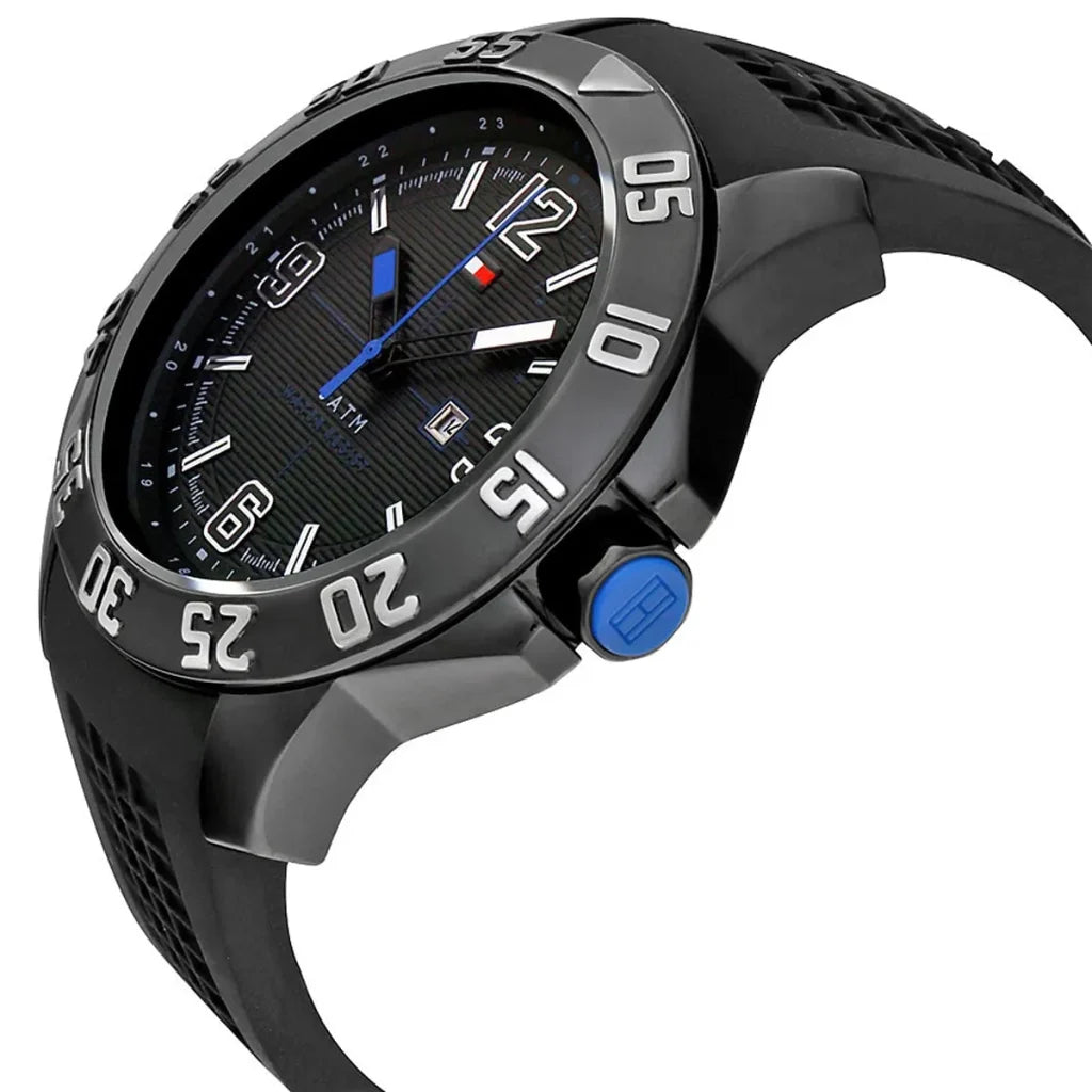 Angled view of the Tommy Hilfiger 1790983 highlighting the black ion-plated stainless steel case