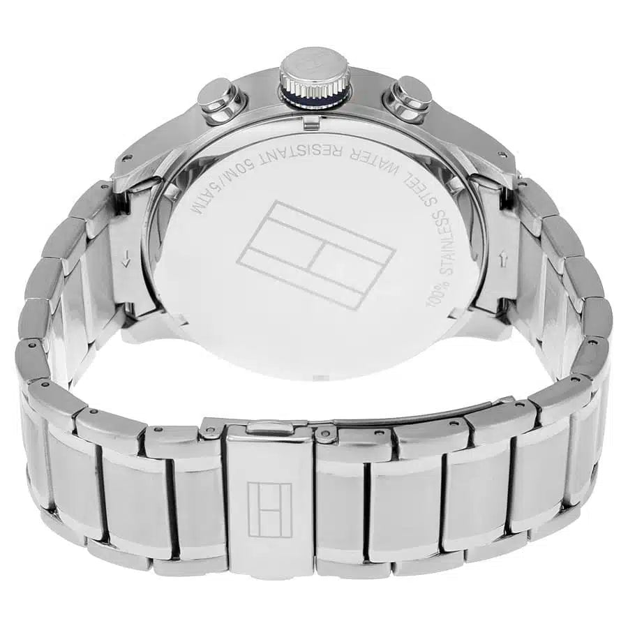 Angled view of Tommy Hilfiger 1791053 highlighting the polished silver case and integrated stainless steel bracelet