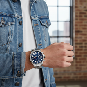Man wearing Tommy Hilfiger Deckard silver metal watch for a sharp, bold, and dynamic everyday look