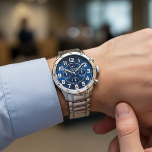 Close up shot of Tommy Hilfiger 1791053 on wrist showing the navy blue dial with multi-function sub-dials and luminous hands