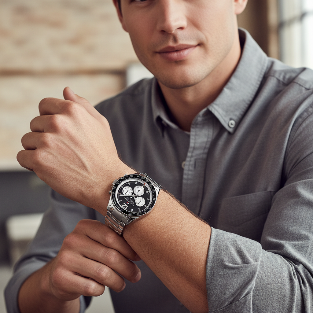 Male model wearing Tommy Hilfiger 1791120 silver sport watch with a casual active outfit 