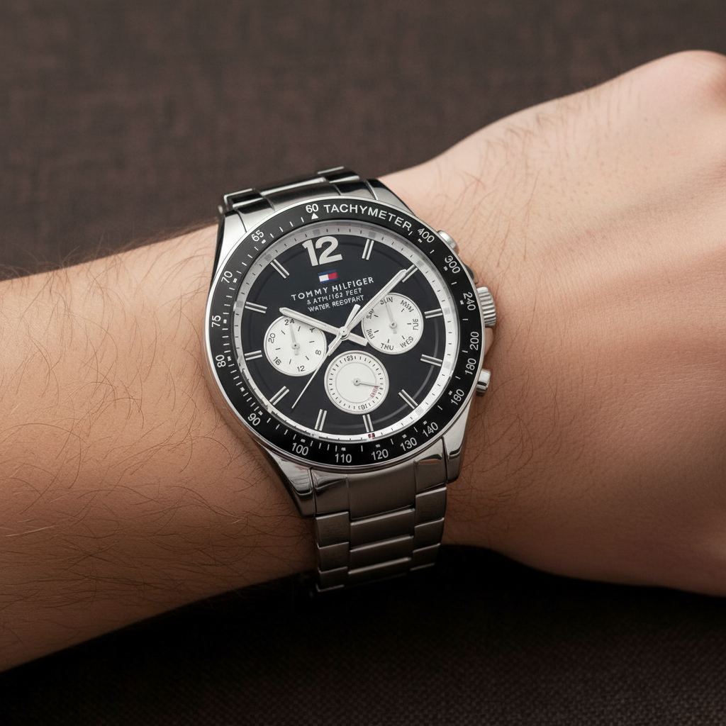 Close up shot of Tommy Hilfiger 1791120 watch on wrist showing the multifunction sub-dials and luminous hands