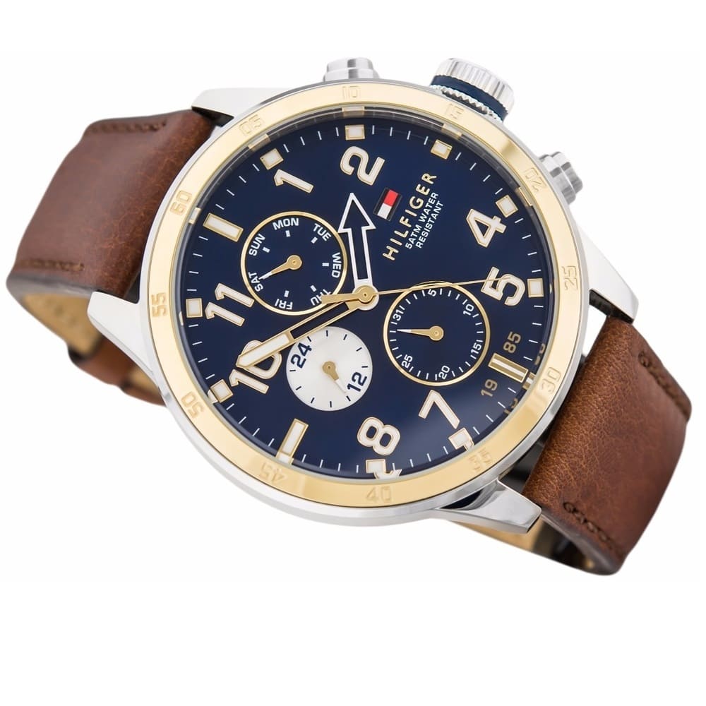 Left side perspective of the Tommy Hilfiger 1791137 blue dial and brown leather strap